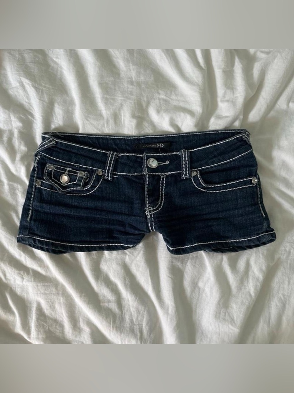 Y2K 2000s mcbling True Religion inspired low rise denim shorts with white stitch